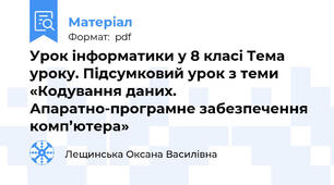 Урок інформатики у 8 класі Тема уроку. Підсумковий урок з теми «Кодування даних. Апаратно-програмне забезпечення комп’ютера»