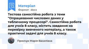 Тестова самостійна робота з теми "Опрацювання числових даних у табличному процесорі". Самостійна робота для учнів 8 класу, містить завдання на перевірку вивченого матеріалу, а також практичні задачі для учнів 8 класу.
