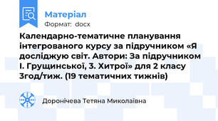 Календарно-тематичне планування інтегрованого курсу за підручником «Я досліджую світ. Автори: За підручником І. Грущинської, 3. Хитрої» для 2 класу  3год/тиж. (19 тематичних тижнів)