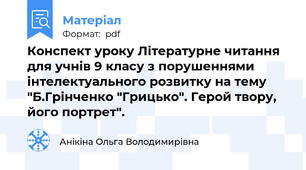 Конспект уроку Літературне читання для учнів 9 класу з порушеннями інтелектуального розвитку на тему "Б.Грінченко "Грицько". Герой твору, його портрет".