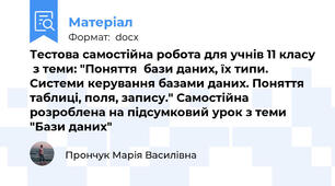 Тестова самостійна робота для учнів 11 класу  з теми: "Поняття  бази даних, їх типи. Системи керування базами даних. Поняття таблиці, поля, запису." Самостійна розроблена на підсумковий урок з теми "Бази даних"