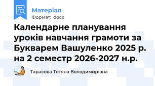Календарне планування уроків навчання грамоти за Букварем Вашуленко 2025 р. на 2 семестр 2026-2027 н.р.