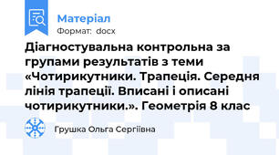 Діагностувальна контрольна за групами результатів з теми «Чотирикутники. Трапеція. Середня лінія трапеції. Вписані і описані чотирикутники.». Геометрія 8 клас