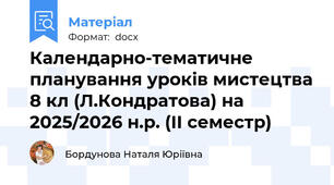 Календарно-тематичне планування уроків мистецтва 8 кл (Л.Кондратова) на 2025/2026 н.р. (ІІ семестр)