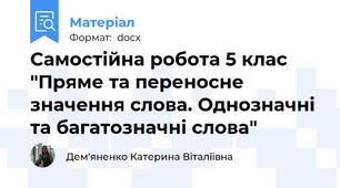 Самостійна робота 5 клас "Пряме та переносне значення слова. Однозначні та багатозначні слова"
