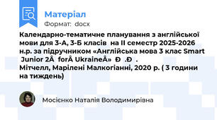 Календарно-тематичне планування з англійської мови для 3-А, 3-Б класів  на ІІ семестр 2025-2026 н.р. за підручником «Англійська мова 3 клас Smart Junior 2  for Ukraine»  Г.К. Мітчелл, Марілені Малкогіанні, 2020 р. ( 3 години на тиждень)