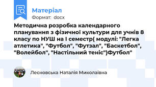 Методична розробка календарного планування з фізичної культури для учнів 8 класу по НУШ на I семестр( модулі: "Легка атлетика", "Футбол", "Футзал", "Баскетбол", "Волейбол", "Настільний теніс")Футбол"