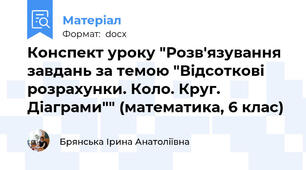 Конспект уроку "Розв'язування завдань за темою "Відсоткові розрахунки. Коло. Круг. Діаграми"" (математика, 6 клас)