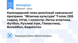 Календарний план реалізації навчальної програми  "Фізична культура" 7-клас (105 годин). НУШ, І-семестр: Легка атлетика, Футбол, Рухливі ігри, Гімнастика, Волейбол, Бадмінтон