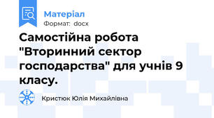 Самостійна робота "Вторинний сектор господарства" для учнів 9 класу.