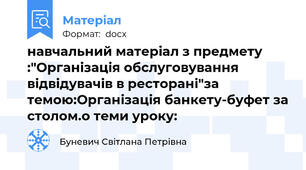 навчальний матеріал з предмету :"Організація обслуговування відвідувачів в ресторані"за темою:Організація банкету-буфет за столом.о теми уроку: