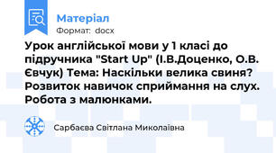 Урок англійської мови у 1 класі до підручника "Start Up" (І.В.Доценко, О.В. Євчук) Тема: Наскільки велика свиня? Розвиток навичок сприймання на слух. Робота з малюнками.