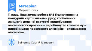 11 клас. Практична робота №8 Позначення на контурній карті (знаками руху) глобальних ланцюгів доданої вартості «видобування алюмінієвої сировини – виробництво глинозему – виробництво первинного алюмінію – споживання алюмінію»