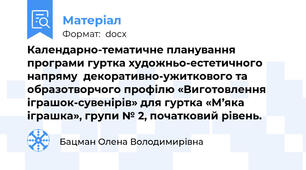Календарно-тематичне планування  програми гуртка художньо-естетичного напряму  декоративно-ужиткового та образотворчого профілю «Виготовлення іграшок-сувенірів» для гуртка «М’яка іграшка», групи № 2, початковий рівень.