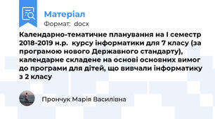 Календарно-тематичне планування на І семестр 2018-2019 н.р.  курсу інформатики для 7 класу (за програмою нового Державного стандарту), календарне складене на основі основних вимог до програми для дітей, що вивчали інформатику з 2 класу