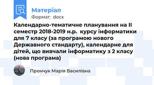 Календарно-тематичне планування на ІІ семестр 2018-2019 н.р.  курсу інформатики для 7 класу (за програмою нового Державного стандарту), календарне для дітей, що вивчали інформатику з 2 класу (нова програма)