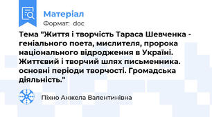 Тема "Життя і творчість Тараса Шевченка - геніального поета, мислителя, пророка національного відродження в Україні. Життєвий і творчий шлях письменника. основні періоди творчості. Громадська діяльність."