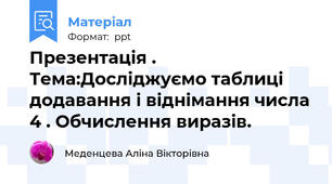 Презентація . Тема:Досліджуємо таблиці додавання і віднімання числа 4 . Обчислення виразів.
