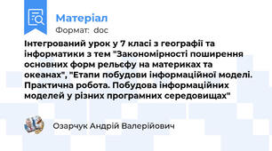 Інтегрований урок у 7 класі з географії та інформатики з тем "Закономірності поширення основних форм рельєфу на материках та океанах", "Етапи побудови інформаційної моделі. Практична робота. Побудова інформаційних моделей у різних програмних середовищах"