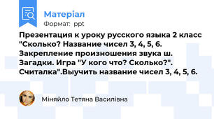 Презентация к уроку русского языка 2 класс "Сколько? Название чисел 3, 4, 5, 6. Закрепление произношения звука ш. Загадки. Игра "У кого что? Сколько?". Считалка".Выучить название чисел 3, 4, 5, 6.