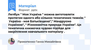 Лепбук " Моя Україна " можна виготовляти протягом одного або кількох тематичних тижнів: "  Україна - моя Батьківщина"," Мандруємо Україною", " Різноманітна природа України". Ця тематична книжечка чудово підійде для закріплення навчального матеріалу .