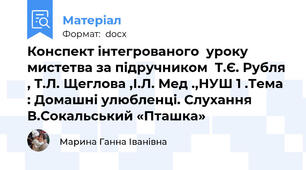 Конспект інтегрованого  уроку мистетва за підручником  Т.Є. Рубля , Т.Л. Щеглова ,І.Л. Мед .,НУШ 1 .Тема : Домашні улюбленці. Слухання В.Сокальський «Пташка»