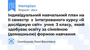 Індивідуальний навчальний план на ІІ семестр  з  інтегрованого курсу «Я досліджую світ»  учня  3 класу,  який здобуває освіту за сімейною (домашньою) формою навчання