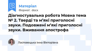 Діагностувальна робота Мовна тема № 2. Тверді та м’які приголосні звуки. Подовжені м’які приголосні звуки. Вживання апострофа