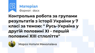Контрольна робота за групами результатів з історії України у 7 класі за темою: " Русь-Україна у другій половині ХІ - першій половині ХІІІ стлоліття"