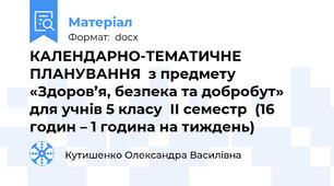 КАЛЕНДАРНО-ТЕМАТИЧНЕ ПЛАНУВАННЯ  з предмету «Здоров’я, безпека та добробут»  для учнів 5 класу  ІІ семестр  (16 годин – 1 година на тиждень)