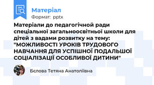 Матеріали до педагогічной ради спеціальної загальноосвітньої школи для дітей з вадами розвитку на тему: "МОЖЛИВОСТІ УРОКІВ ТРУДОВОГО НАВЧАННЯ ДЛЯ УСПІШНОЇ ПОДАЛЬШОЇ СОЦІАЛІЗАЦІЇ ОСОБЛИВОЇ ДИТИНИ"