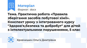 Тема. Практична робота «Правила зберігання засобів побутової хімії». Конспект уроку з інтегрованого курсу "Здоров'я,безпека та добробут" для дітей з інтелектуальними порушеннями, 5 клас