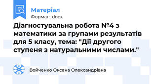 Діагностувальна робота №4 з математики за групами результатів для 5 класу, тема: "Дії другого ступеня з натуральними числами."