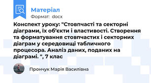Конспект уроку: "Стовпчасті та секторні діаграми, їх об’єкти і властивості. Створення та форматування стовпчастих і секторних діаграм у середовищі табличного процесора. Аналіз даних, поданих на діаграмі. ", 7 клас