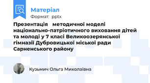 Презентація методичної моделі національно-патріотичного виховання дітей та молоді у 7 класі Великоозерянської гімназії Дубровицької міської ради Сарненського району