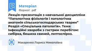 Лекція-презентація з навчальної дисципліни “Патологічна фізіологія і патологічна анатомія сільськогосподарських тварин” Розділ «Спеціальна патологія». Тема: Інфекційні хвороби з гострим перебігом: сибірка, бешиха свиней, лептоспіроз.