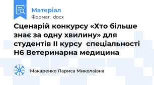 Сценарій конкурсу «Хто більше знає за одну хвилину» для студентів ІІ курсу  спеціальності  Н6 Ветеринарна медицина