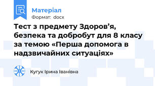 Тест з предмету Здоров’я, безпека та добробут для 8 класу за темою «Перша допомога в надзвичайних ситуаціях»