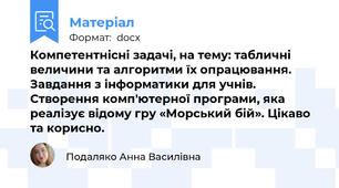 Компетентнісні задачі, на тему: табличні величини та алгоритми їх опрацювання. Завдання з інформатики для учнів. Створення комп'ютерної програми, яка реалізує відому гру «Морський бій». Цікаво та корисно.