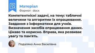 Компетентнісні задачі, на тему: табличні величини та алгоритми їх опрацювання. Завдання з інформатики для учнів. Визначення засобів опрацювання даних. Цікаво та корисно. Вправа, яка розвиває увагу та пам'ять.
