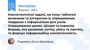 Компетентнісні задачі, на тему: табличні величини та алгоритми їх опрацювання. Завдання з інформатики для учнів. Опрацювання даних. Цікаво та корисно. Вправа, яка розвиває логіку, увагу та пам'ять, та формує інформаційну компетентність.