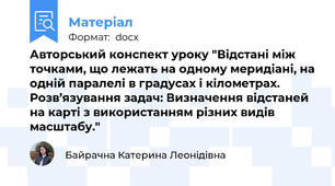 Авторський конспект уроку "Відстані між точками, що лежать на одному меридіані, на одній паралелі в градусах і кілометрах. Розв’язування задач: Визначення відстаней на карті з використанням різних видів масштабу."