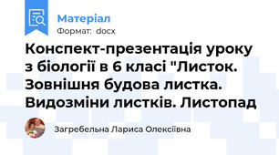 Конспект-презентація уроку з біології в 6 класі "Листок. Зовнішня будова листка. Видозміни листків. Листопад