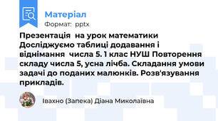 Презентація  на урок математики Досліджуємо таблиці додавання і віднімання  числа 5. 1 клас НУШ Повторення складу числа 5, усна лічба. Складання умови задачі до поданих малюнків. Розв'язування прикладів.