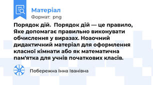 Порядок дій.  Порядок дій — це правило, Яке допомагає правильно виконувати обчислення у виразах. Ноаочний дидактичний матеріал для оформлення класної кімнати або як математична пам'ятка для учнів початкових класів.