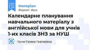 Календарне планування навчального матеріалу з англійської мови для учнів 1-их класів ЗНЗ за НУШ