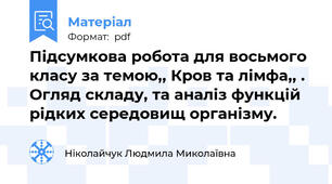 Підсумкова робота для восьмого класу за темою,, Кров та лімфа,, . Огляд складу, та аналіз функцій рідких середовищ організму.