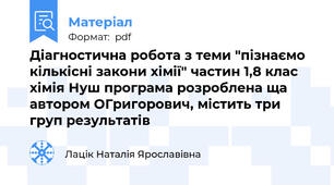 Діагностична робота з теми "пізнаємо кількісні закони хімії" частин 1,8 клас хімія Нуш програма розроблена ща автором ОГригорович, містить три груп результатів
