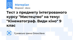Тест з предмету інтегрованого курсу "Мистецтво" на тему: "Кінематограф. Види кіно" 9 клас
