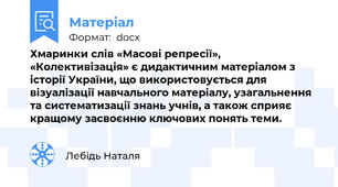 Хмаринки слів «Масові репресії», «Колективізація» є дидактичним матеріалом з історії України, що використовується для візуалізації навчального матеріалу, узагальнення та систематизації знань учнів, а також сприяє кращому засвоєнню ключових понять теми.